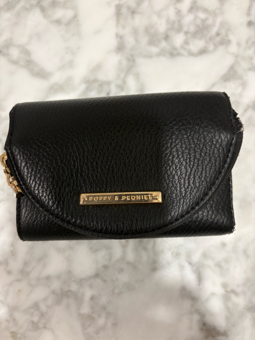 Poppy & Peonies Black Leather Wallet with Gold Nameplate